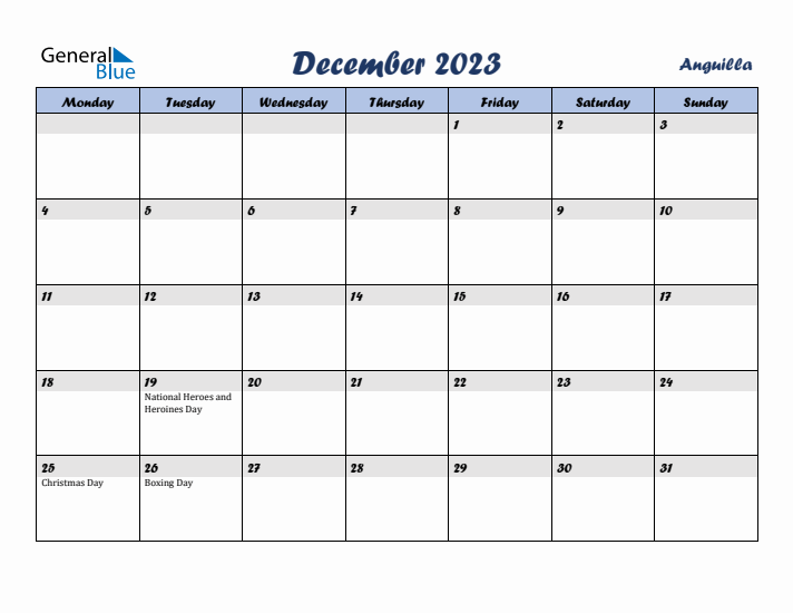 December 2023 Calendar with Holidays in Anguilla