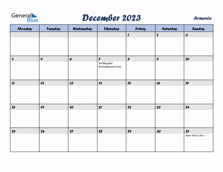 December 2023 Calendar with Holidays in Armenia
