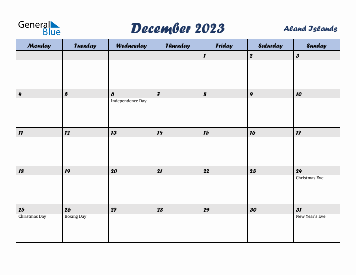 December 2023 Calendar with Holidays in Aland Islands