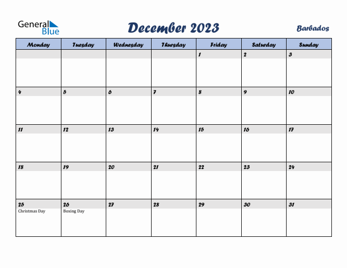 December 2023 Calendar with Holidays in Barbados