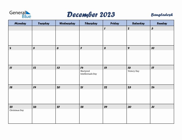 December 2023 Calendar with Holidays in Bangladesh