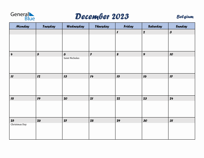 December 2023 Calendar with Holidays in Belgium