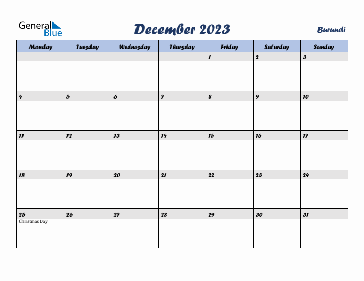 December 2023 Calendar with Holidays in Burundi