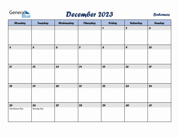 December 2023 Calendar with Holidays in Bahamas