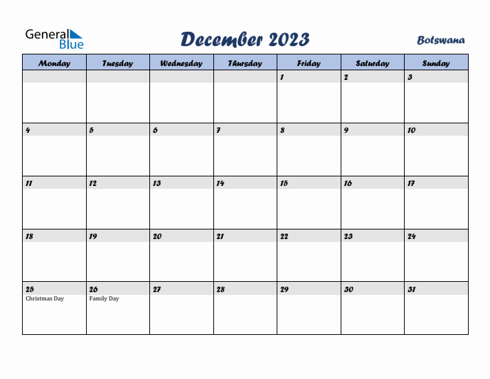 December 2023 Calendar with Holidays in Botswana
