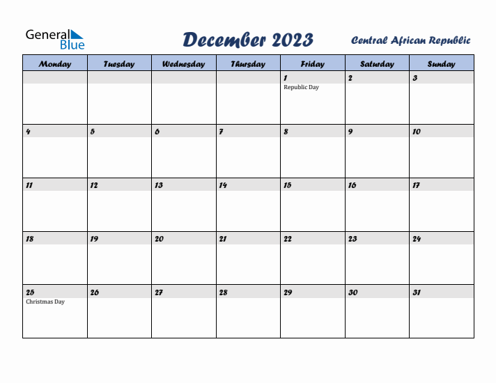 December 2023 Calendar with Holidays in Central African Republic