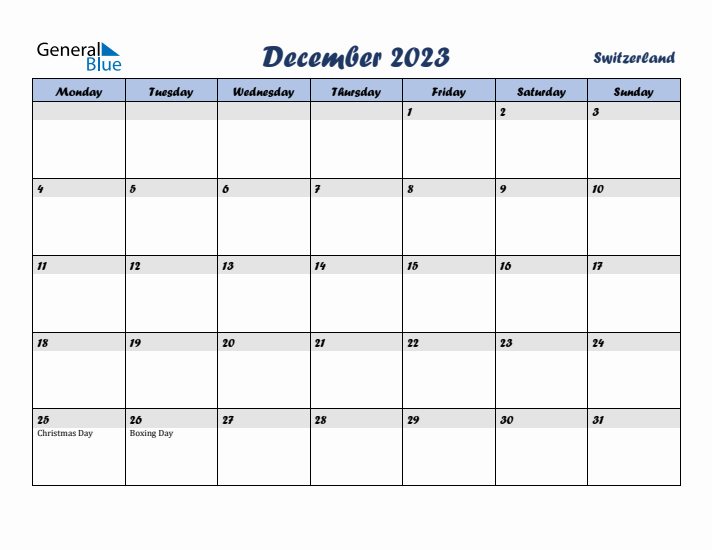 December 2023 Calendar with Holidays in Switzerland