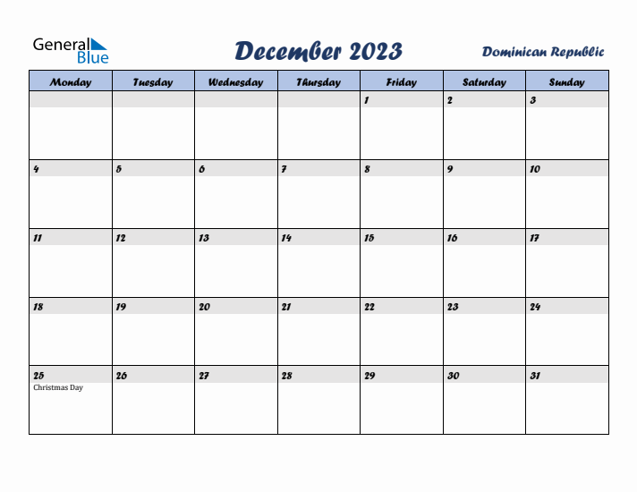 December 2023 Calendar with Holidays in Dominican Republic