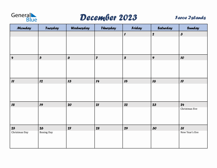 December 2023 Calendar with Holidays in Faroe Islands