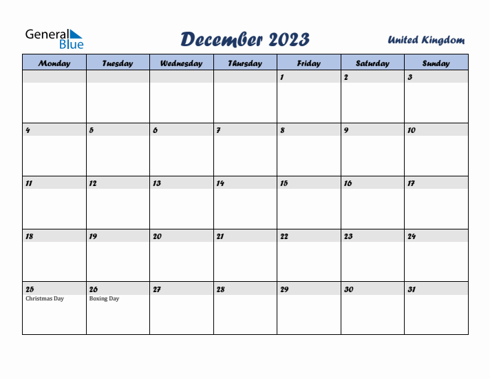 December 2023 Calendar with Holidays in United Kingdom