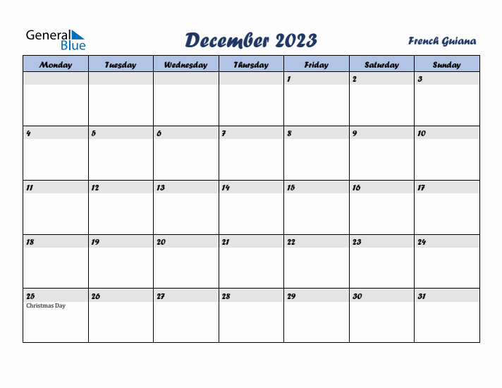 December 2023 Calendar with Holidays in French Guiana