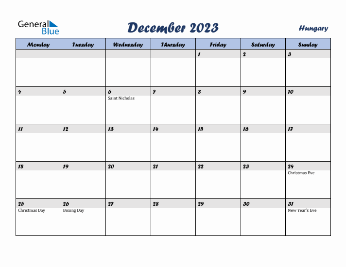 December 2023 Calendar with Holidays in Hungary
