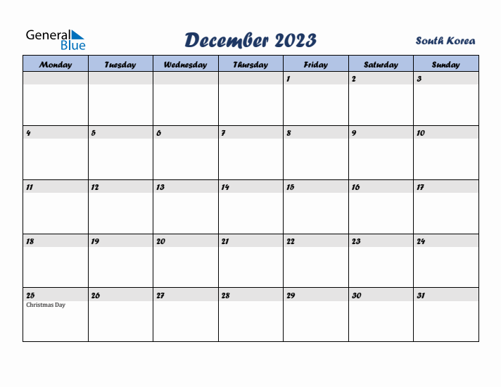 December 2023 Calendar with Holidays in South Korea