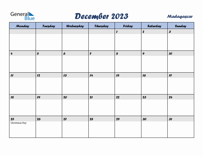 December 2023 Calendar with Holidays in Madagascar