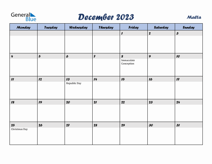 December 2023 Calendar with Holidays in Malta