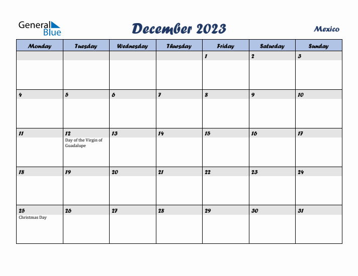 December 2023 Calendar with Holidays in Mexico