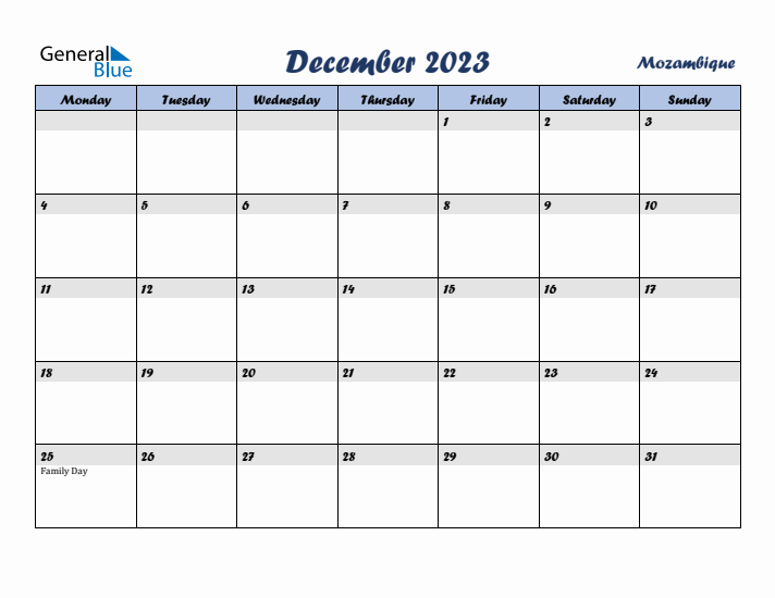 December 2023 Calendar with Holidays in Mozambique