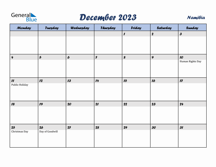 December 2023 Calendar with Holidays in Namibia