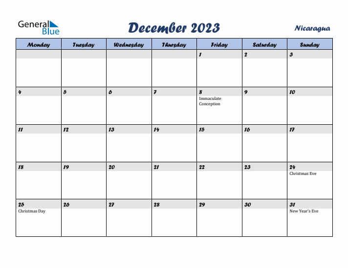December 2023 Calendar with Holidays in Nicaragua