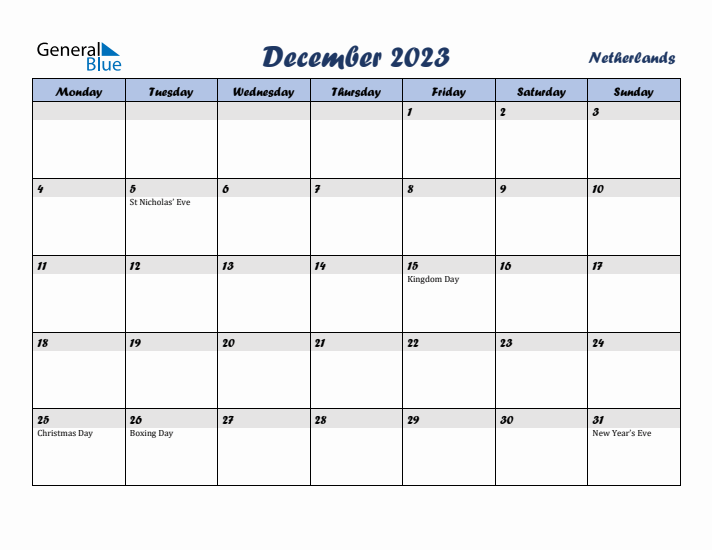 December 2023 Calendar with Holidays in The Netherlands