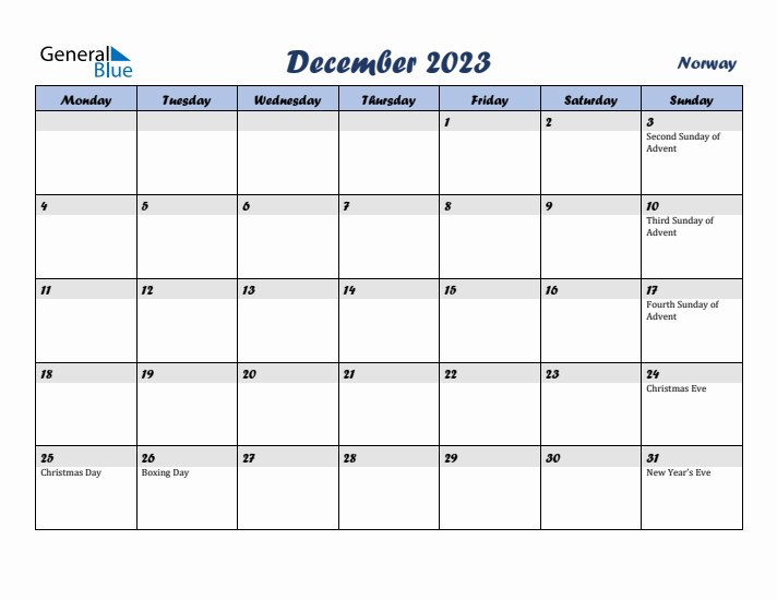 December 2023 Calendar with Holidays in Norway