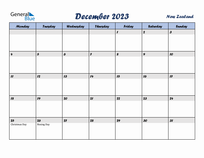December 2023 Calendar with Holidays in New Zealand