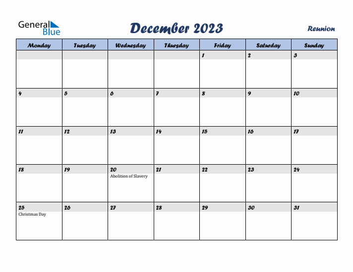 December 2023 Calendar with Holidays in Reunion
