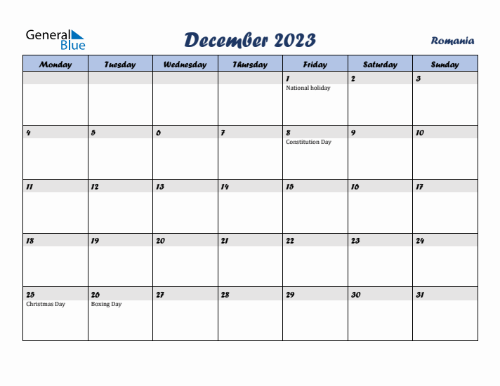 December 2023 Calendar with Holidays in Romania