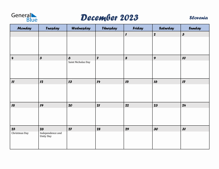 December 2023 Calendar with Holidays in Slovenia
