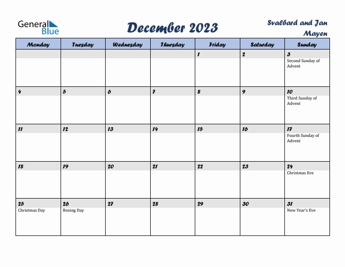 December 2023 Calendar with Holidays in Svalbard and Jan Mayen