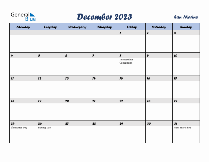December 2023 Calendar with Holidays in San Marino