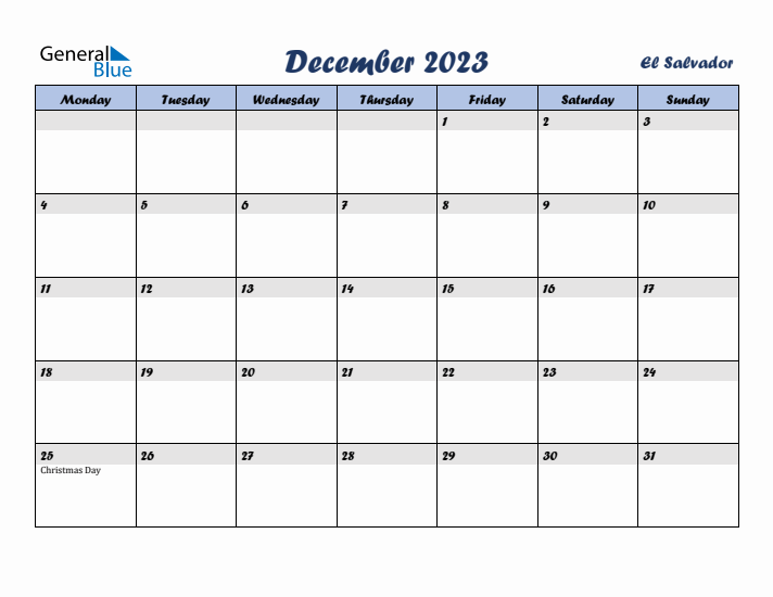 December 2023 Calendar with Holidays in El Salvador