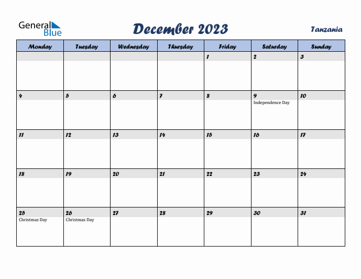 December 2023 Calendar with Holidays in Tanzania