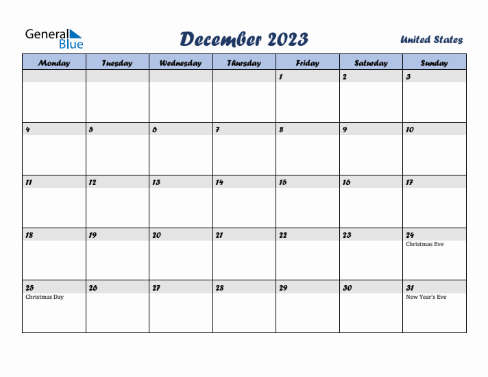 December 2023 Calendar with Holidays in United States