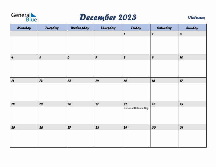 December 2023 Calendar with Holidays in Vietnam