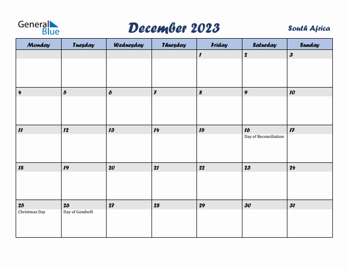 December 2023 Calendar with Holidays in South Africa