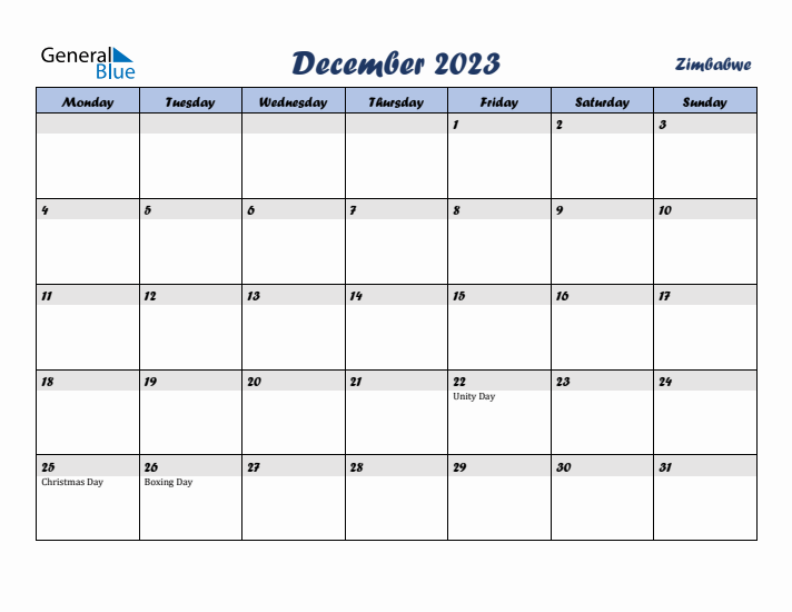 December 2023 Calendar with Holidays in Zimbabwe