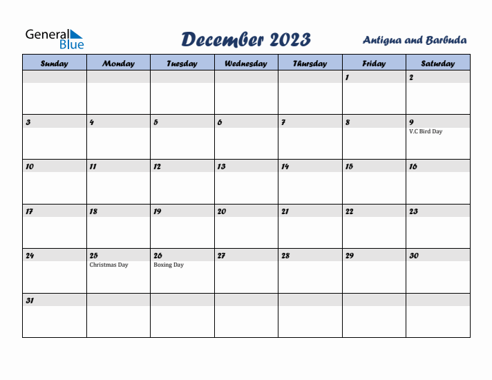 December 2023 Calendar with Holidays in Antigua and Barbuda