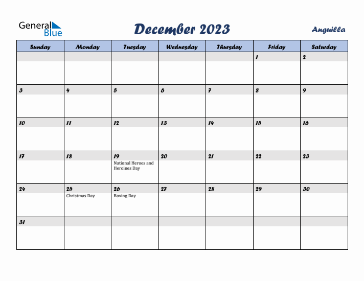 December 2023 Calendar with Holidays in Anguilla