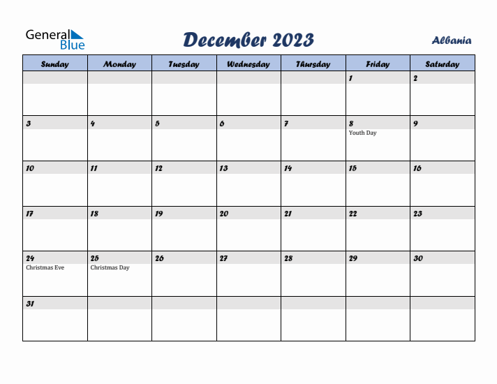 December 2023 Calendar with Holidays in Albania