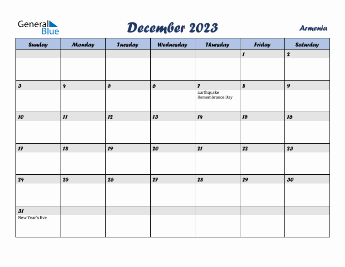 December 2023 Calendar with Holidays in Armenia