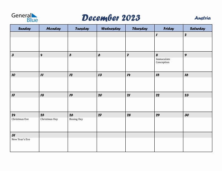 December 2023 Calendar with Holidays in Austria
