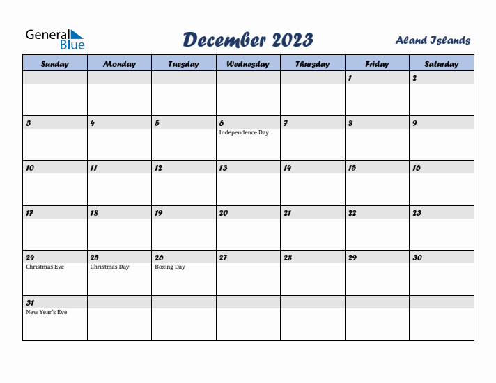 December 2023 Calendar with Holidays in Aland Islands