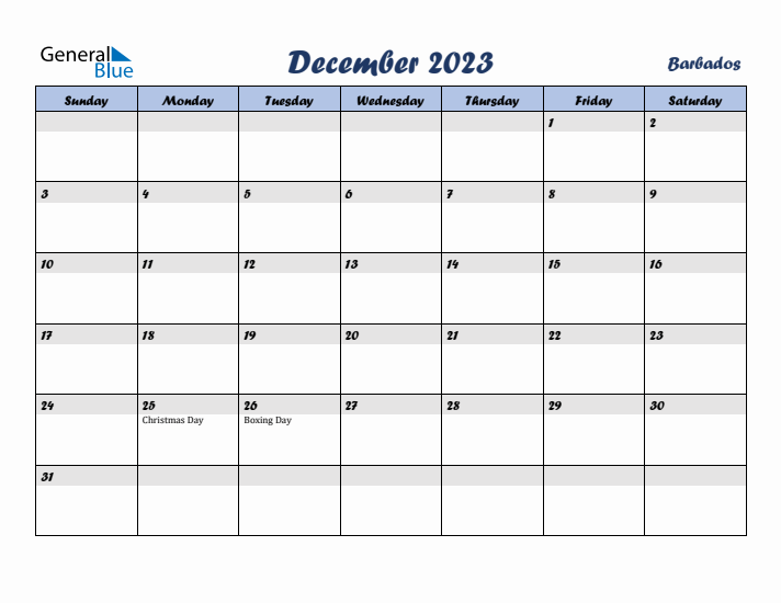 December 2023 Calendar with Holidays in Barbados