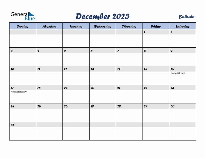 December 2023 Calendar with Holidays in Bahrain