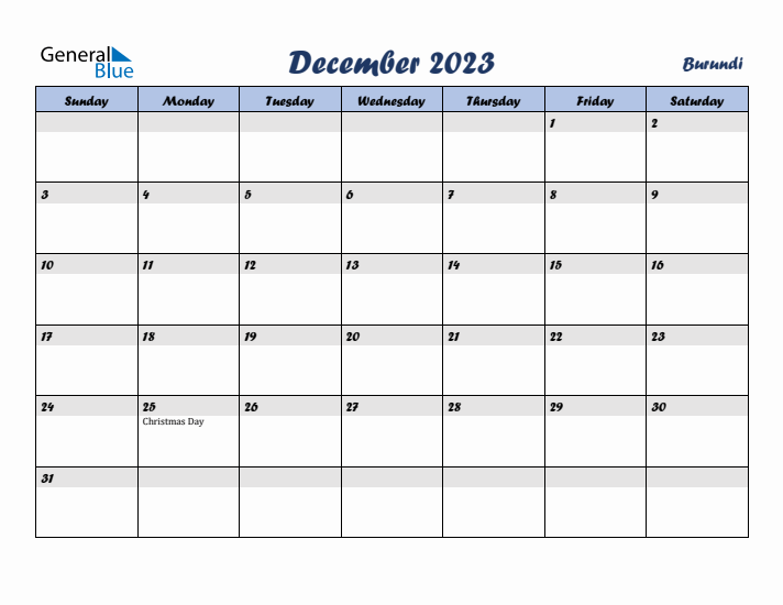 December 2023 Calendar with Holidays in Burundi