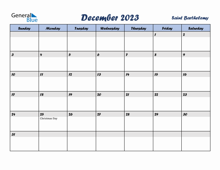 December 2023 Calendar with Holidays in Saint Barthelemy