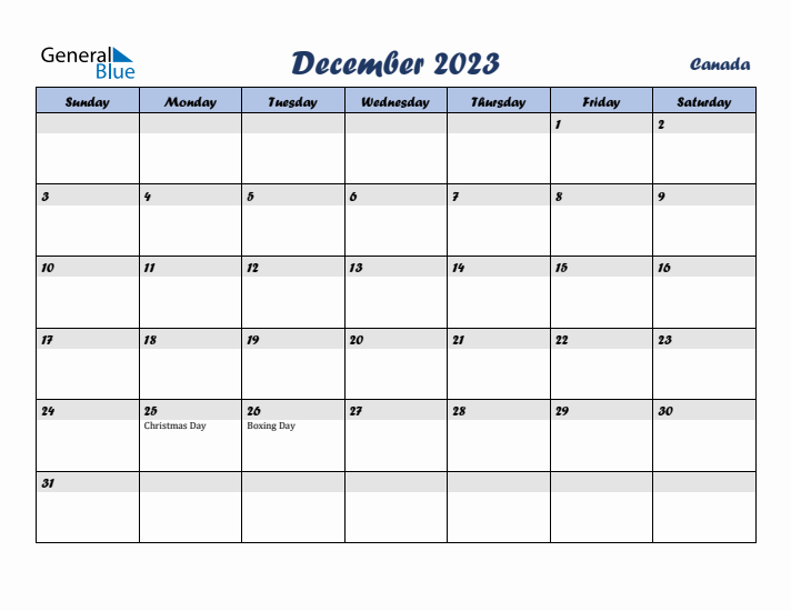December 2023 Calendar with Holidays in Canada