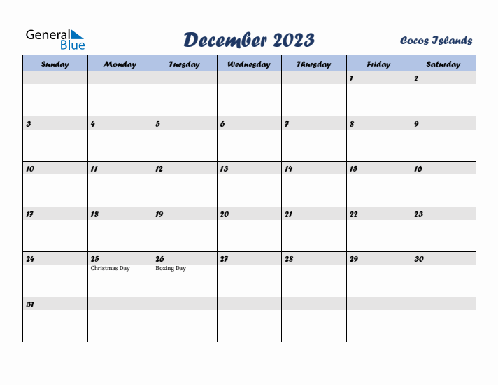 December 2023 Calendar with Holidays in Cocos Islands