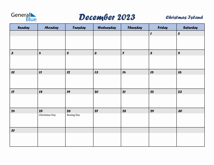 December 2023 Calendar with Holidays in Christmas Island
